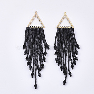 Tassel Big Pendants, with Glass Beads, Crystal Rhinestone and Golden Plated Brass Findings, Black, 95~107x23.5mm, Hole: 1.2mm(FIND-S319-21A)