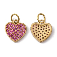 Brass Charms, with Micro Pave Grade AAA Red Cubic Zirconia, Heart, Unplated, 10.5x10x1.5mm, Hole: 3.5mm(KK-E710-53C)