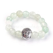 Natural Green Aventurine Stretch Rings, with Alloy Buddha Beads, Faceted, Round, Antique Silver, Size 8, 18mm(RJEW-JR00223-06)