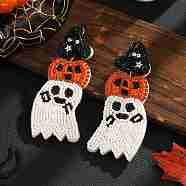 Halloween Style Black Hat Pumpkin Ghost Beaded Stud Earrings for Women, Colorful, 92x38mm(BE4615)