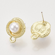 Alloy Stud Earring Findings, with ABS Plastic Imitation Pearl, with Loop, Light Gold, 17.5x14mm, Hole: 2mm, Pin: 0.6mm(PALLOY-S121-249)