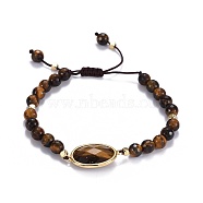 Natural Tiger Eye Braided Bead Bracelets, with Brass Findings and Nylon Thread, Golden, 2 inch~2-3/4 inch(5~7cm), Beads: 6~6.5mm(BJEW-JB04210-03)
