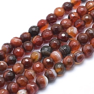 Natural Striped Agate/Banded Agate Beads, Dyed, Faceted Round, Saddle Brown, 6mm, Hole: 1mm, about 61pcs/strand, 14.3 inch(36.5cm)(G-J371-07-6mm)