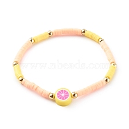 Handmade Polymer Clay Heishi Beaded Stretch Bracelets, with Brass Round Beads, Grapefruit, Golden, Yellow, Inner Diameter: 2-1/8 inch(5.5cm)(BJEW-JB06142-05)