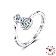 925 Sterling Silver Finger Ring, Double Heart Cubic Zirconia Cuff Ring for Women, with S925 Stamp, Clear, 1.5~10mm, US Size 8 1/2(18.5mm)(RJEW-C064-24A)