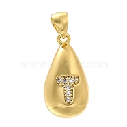 Rack Plating Brass Micro Pave Cubic Zirconia Pendants, Long-Lasting Plated, Lead Free & Cadmium Free,Real 18K Gold Plated, Teardrop with Letter Charms, Letter T, 21x11mm, Hole: 5x3mm(KK-L226-102G-T)