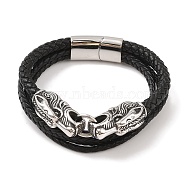 Braided Microfiber Leather Multi-strand Bracelets, 304 Stainless Steel Bracelets for Men, Dragon, 8-5/8x1-1/8 inch(22x2.7cm), Pendant: 64x13.5mm.(BJEW-B096-21D)