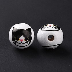 Printed Wood European Beads, Large Hole Beads, Round with Cat Pattern, Black, 15.5~16x14.5~15mm, Hole: 4.6mm(WOOD-B005-01C)