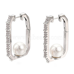 Clear Cubic Zirconia Rectangle with Plastic Pearl Hoop Earrings, Brass Jewelry for Women, Nickel Free, Real Platinum Plated, 28x16.5x2.5mm, Pin: 0.9mm(EJEW-N011-117P)