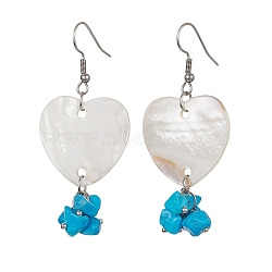 Natural Shell Heart with Synthetic Turquoise Chips Dangle Earrings, 304 Stainless Steel Long Drop Earrings, Platinum, 60~62x27mm(EJEW-JE05482)