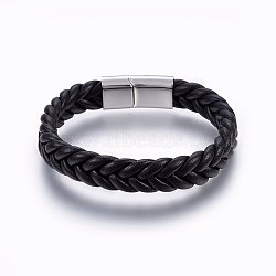 Leather Braided Cord Bracelets, 304 Stainless Steel Magnetic Clasp, Rectangle, Black, 8-5/8 inch(22cm), 13x6mm(BJEW-E345-14A-P)