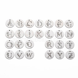 304 Stainless Steel Charms, Laser Cut, Designed Flower & Letter Engraved, Flat Round with Alphabet, Stainless Steel Color, Letter A~Z, 14x1mm, Hole: 1.2mm, about 26pcs/set(STAS-T059-26P)