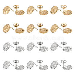 60Pcs 2 Colors 304 Stainless Steel Stud Earring Findings, with Hole & Friction Earring Nut, Textured Flat Round, Golden & Stainless Steel Color, 12x1mm, Hole: 1.4mm, Pin: 0.7mm, 30Pcs/color(STAS-UN0043-25)