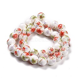 Handmade Flower Printed Porcelain Ceramic Beads Strands, Round, Red, 10mm, Hole: 2mm, about 35pcs/strand, 13.5 inch(PORC-M007-10mm-01)