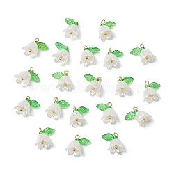 20Pcs Opaque Acrylic Pendants, with Brass Loops, Golden, Flower, White, 13x13x13mm, Hole: 1.8mm(PALLOY-JF02870)