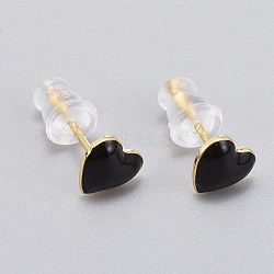 Brass Enamel Stud Earrings, with Plastic Ear Nuts, Long-Lasting Plated, Heart, Real 18K Gold Plated, Black, 6x6.5mm, Pin: 1mm(EJEW-L231-65A)