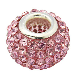 Resin Rhinestone Beads, with Silver Color Brass Double Cores, Grade A, Rondelle, Light Rose, 10x7mm, Hole: 2.5mm(CPDL-H001-10x7mm-9)