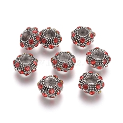 Tibetan Style Alloy European Beads, Large Hole Beads, with Rhinestone, Rondelle, Antique Silver, Siam, 12x6mm, Hole: 6mm(MPDL-G030-02AS)