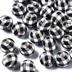 Printed Natural Wooden Beads, Round with Check Pattern, Black & White, 12x11mm, Hole: 3mm(X-WOOD-R270-10A)