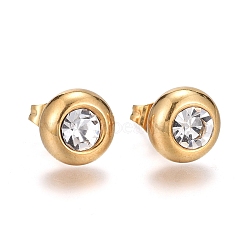 304 Stainless Steel Stud Earrings, with Cubic Zirconia and Ear Nuts, Flat Round, Clear, Golden, 9mm, Pin: 0.7mm, 6pairs/card(EJEW-L251-A01-G)