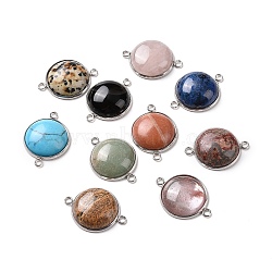 Natural & Synthetic Mixed Gemstone Connector Charms, Half Round Links, with Stainless Steel Color Tone 304 Stainless Steel Findings, 22x30x7mm, Hole: 2mm(G-D059-01A)