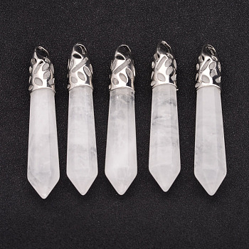 Natural Quartz Crystal Big Pointed Pendants, Rock Crystal, Bullet, with Platinum Tone Alloy Findings, 57~62x9~10mm, Hole: 4x5mm