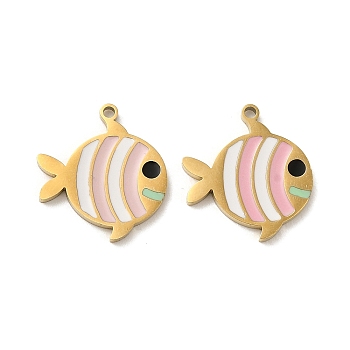 Ion Plating(IP) 316L Surgical Stainless Steel Charms, with Enamel, Real 18K Gold Plated, Fish Charm, Pink, 16x14.5x1.5mm, Hole: 1.2mm