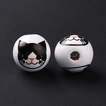 Printed Wood European Beads, Large Hole Beads, Round with Cat Pattern, Black, 15.5~16x14.5~15mm, Hole: 4.6mm