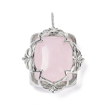 Natural Rose Quartz Pendants, Brass Flower Charms, Rack Plating, Long-Lasting Plated, Lead Free & Cadmium Free, Platinum, 36x26.5x11mm, Hole: 3x4.5mm