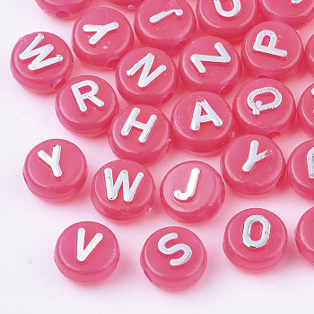 Plating Opaque Acrylic Beads, Metal Enlaced, Horizontal Hole, Flat Round with Letter, Cerise, 10x6mm, Hole: 1.8mm