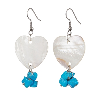Natural Shell Heart with Synthetic Turquoise Chips Dangle Earrings, 304 Stainless Steel Long Drop Earrings, Stainless Steel Color, 60~62x27mm