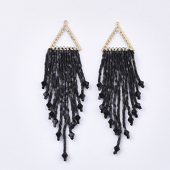 Tassel Big Pendants, with Glass Beads, Crystal Rhinestone and Golden Plated Brass Findings, Black, 95~107x23.5mm, Hole: 1.2mm