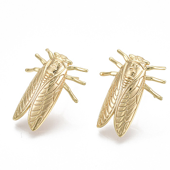 Brass Earring Findings, with Loop, Cicada, Nickel Free, Real 18K Gold Plated, 23x19mm, Hole: 1.2mm, Pin: 0.8mm