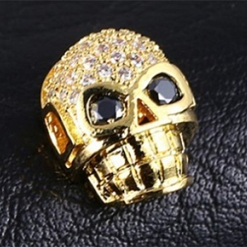 Brass Micro Pave Black Cubic Zirconia Beads, Skull, Golden, 13x10mm