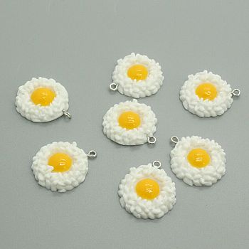 Opaque Resin Pendants, with Platinum Tone Iron Loops, Fried Egg Shape, White, 26x19.5x5mm, Hole: 1.8mm