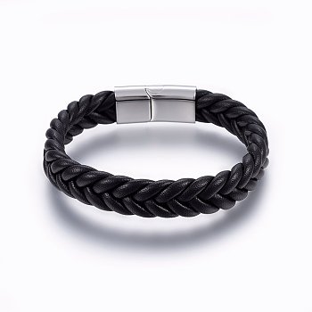 Leather Braided Cord Bracelets, 304 Stainless Steel Magnetic Clasp, Rectangle, Black, 8-5/8 inch(22cm), 13x6mm