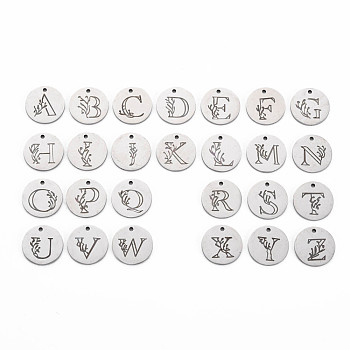 304 Stainless Steel Charms, Laser Cut, Designed Flower & Letter Engraved, Flat Round with Alphabet, Stainless Steel Color, Letter A~Z, 14x1mm, Hole: 1.2mm, about 26pcs/set