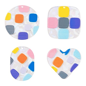 8Pcs 4 Style Transparent Acrylic Pendants, 3D Printed, with Film on the Back, Oval & Heart & Flat Round & Square with Square Pattern, Mixed Color, 37~40x27.5~41x2.5mm, Hole: 1.6mm, 2pcs/style
