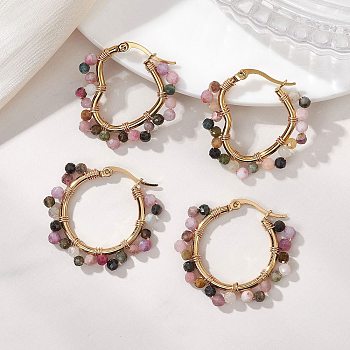 2 Pairs 2 Styles Natural Multicolor Tourmaline  Hoop Earrings, with 201 Stainless Steel Hoop Earrings, Heart & Ring Shape, Golden, 29.5~31x29.5~32x3.5mm, 1 pair/style
