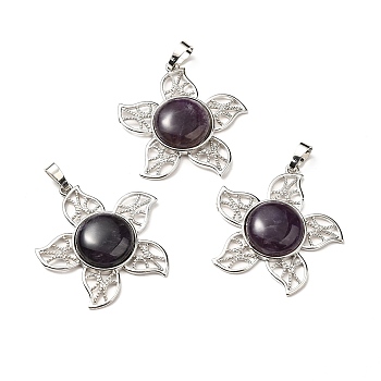 Natural Amethyst Pendants, Flower Charms, with Rack Plating Platinum Tone Brass Findings, Cadmium Free & Lead Free, 38x37x7~7.5mm, Hole: 8x5mm