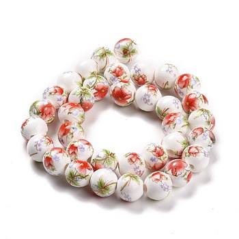 Handmade Flower Printed Porcelain Ceramic Beads Strands, Round, Red, 10mm, Hole: 2mm, about 35pcs/strand, 13.5 inch