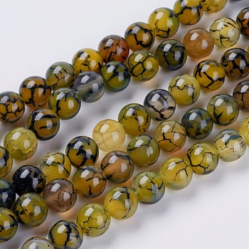 Natural Dragon Veins Agate Beads Strands, Dyed, Round, Olive, 8mm, Hole: 1mm, about 48pcs/strand, 15.5 inch