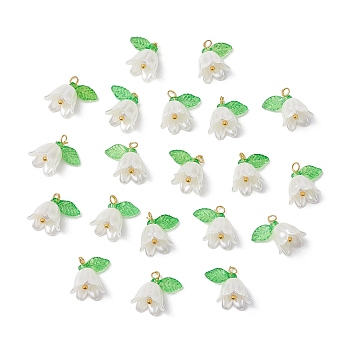 20Pcs Opaque Acrylic Pendants, with Brass Loops, Golden, Flower, White, 13x13x13mm, Hole: 1.8mm