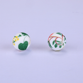 Printed Round with Leaf Pattern Silicone Focal Beads, Colorful, 15x15mm, Hole: 2mm