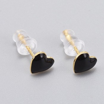 Brass Enamel Stud Earrings, with Plastic Ear Nuts, Long-Lasting Plated, Heart, Real 18K Gold Plated, Black, 6x6.5mm, Pin: 1mm