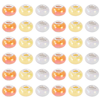 150Pcs Opaque Resin European Beads, Large Hole Beads, Rondelle with Silver Color Plated Brass Cores, Mixed Color, 13.5x8.5mm, Hole: 4.5mm