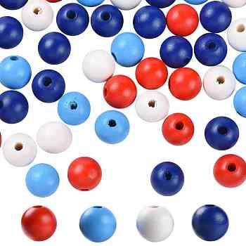 160 Pcs 4 Colors 4 July American Independence Day Painted Natural Wood Round Beads, Loose Beads for Jewelry Making and Home Decor, with Waterproof Vacuum Packing, Blue & Red & White & Dodger Blue, 16mm, Hole: 4mm, 40pcs/Color