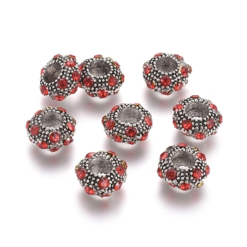 Tibetan Style Alloy European Beads, Large Hole Beads, with Rhinestone, Rondelle, Antique Silver, Siam, 12x6mm, Hole: 6mm