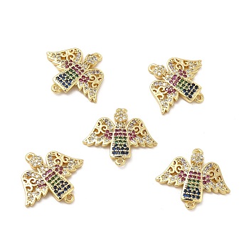 Brass Micro Pave Colorful Cubic Zirconia Connector Charms, Angel Links, Real 18K Gold Plated, 22x19.5x3mm, Hole: 1mm