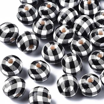 Printed Natural Wooden Beads, Round with Check Pattern, Black & White, 12x11mm, Hole: 3mm